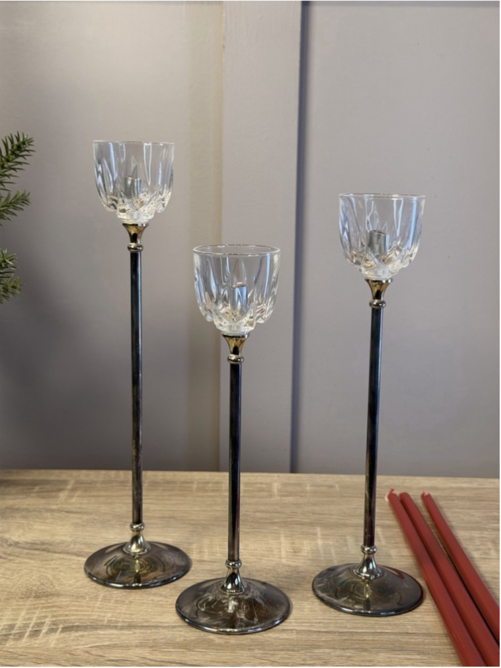 Vintage ARGENTI Silver Plate Candlestick Holders 1980s Italian Cut Crystal